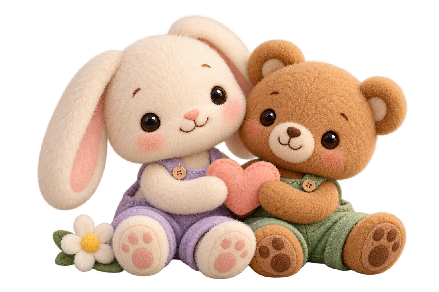 A cuddly bunny and little teddy bear sharing a pink heart
